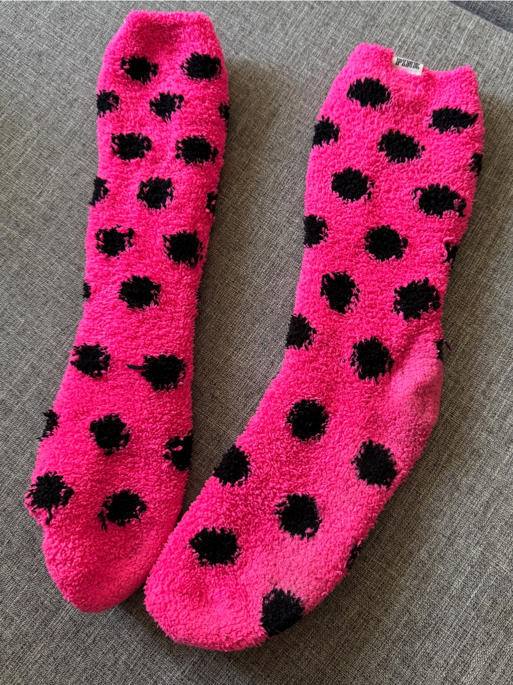 PINK Victoria's Secret Plush Hot Pink & Black Polka Dot Socks